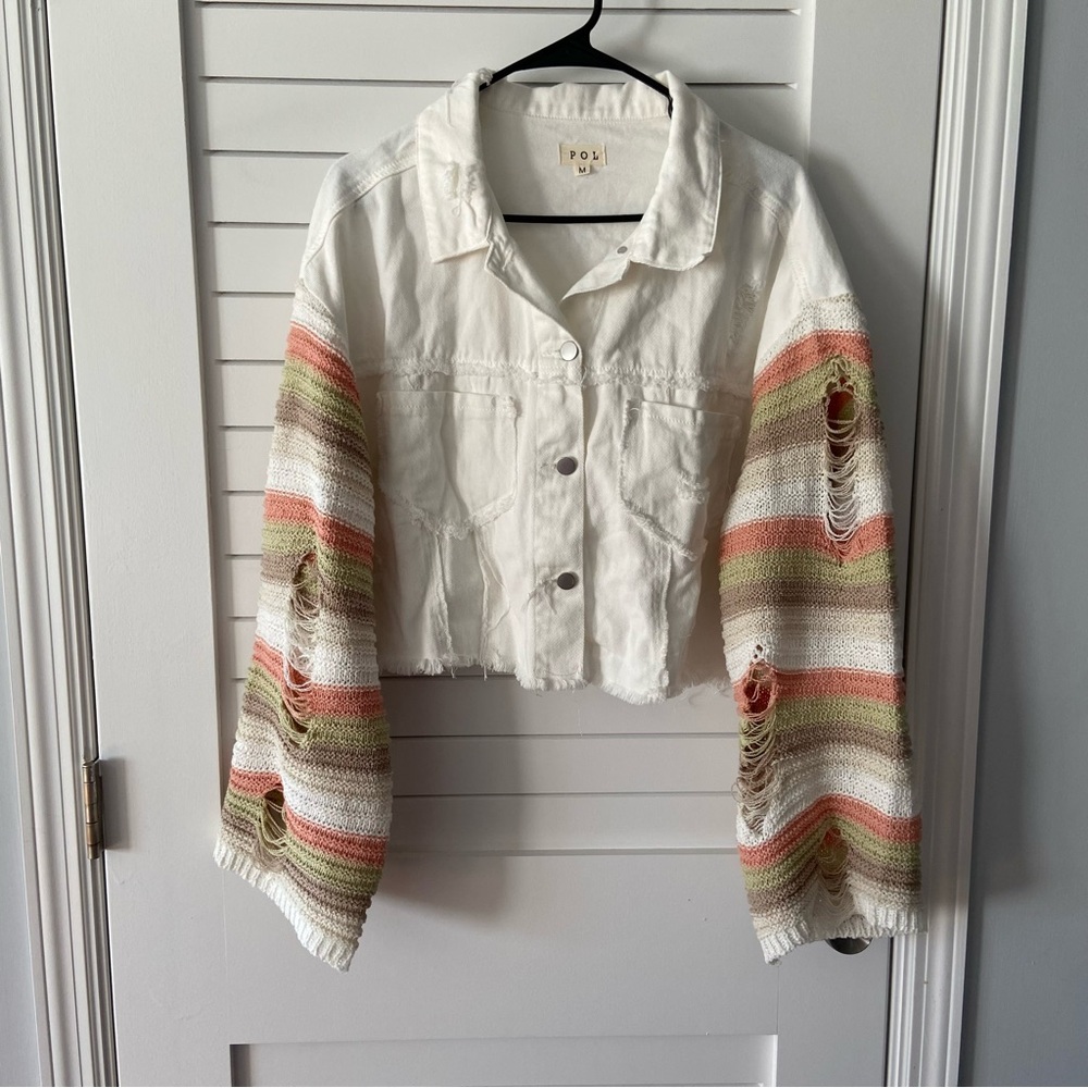 POL Distressed Jean Jacket White with Crochet Sleeves Pink Green Size Medium - Picture 3 of 12